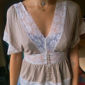 Floral lace trim low neck top